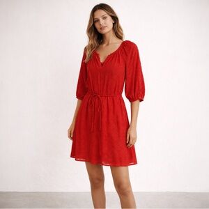 Country Road Red Cotton Mini Dress Textured Pattern Tie Waist Size 10